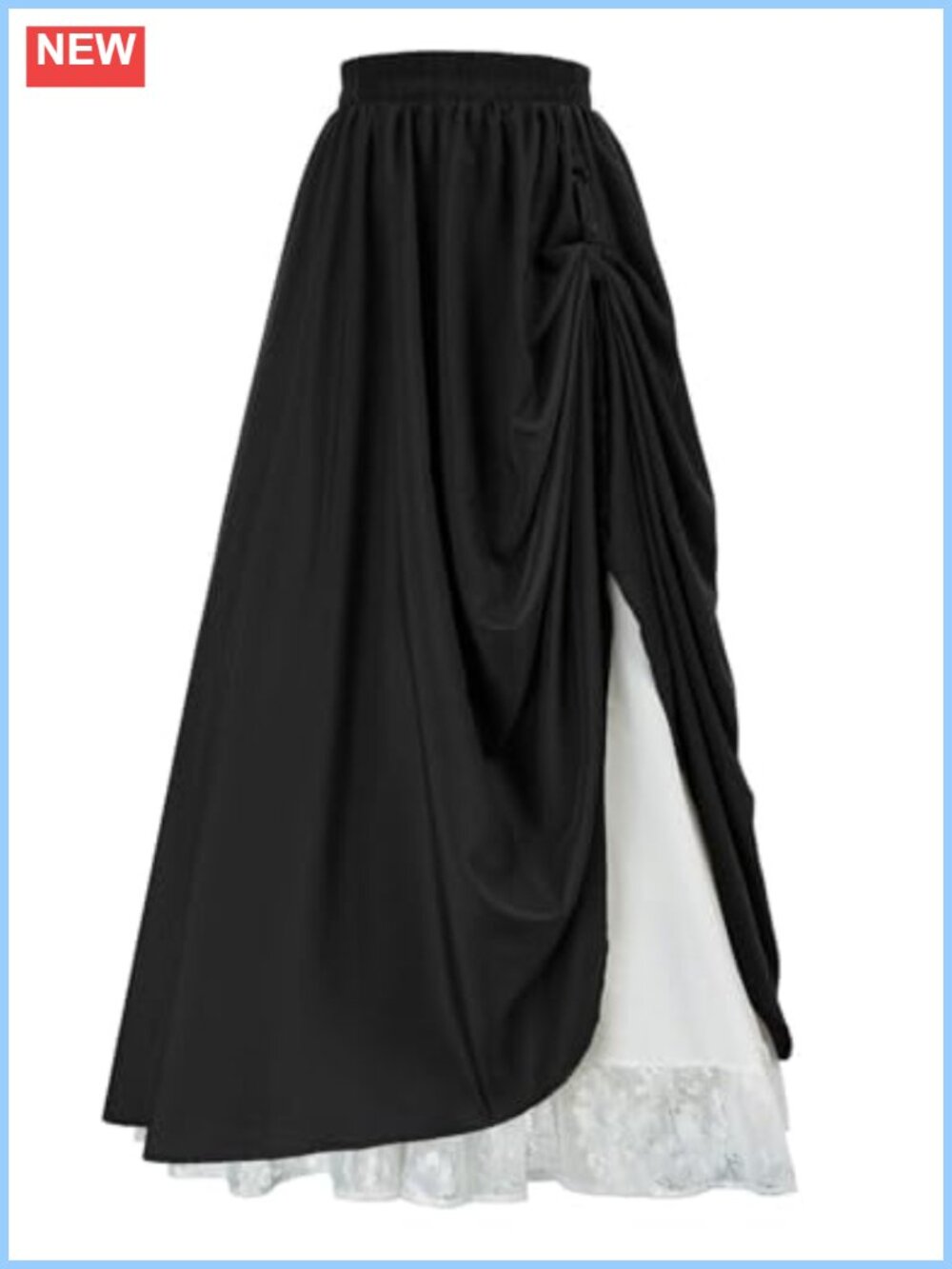 Renaissance Victorian High Waist Asymmetrical Draped Ruched Lace Patchwork Midi